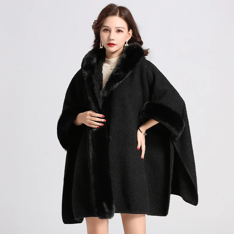 

Winter Solid Color Women Cape Shawl Big Faux Fur Collar Cardigan Poncho Loose Batwing Sleeve Warm Women Winter Wraps Coat WF295