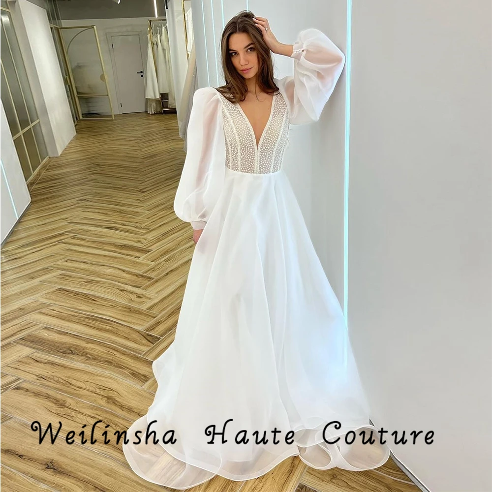 Weilinsha White Beach V Neck Full Sleeve Wedding Dresses Beaded 2022 New Vintage Bridal Gowns Summer Organza Robe De Mariée