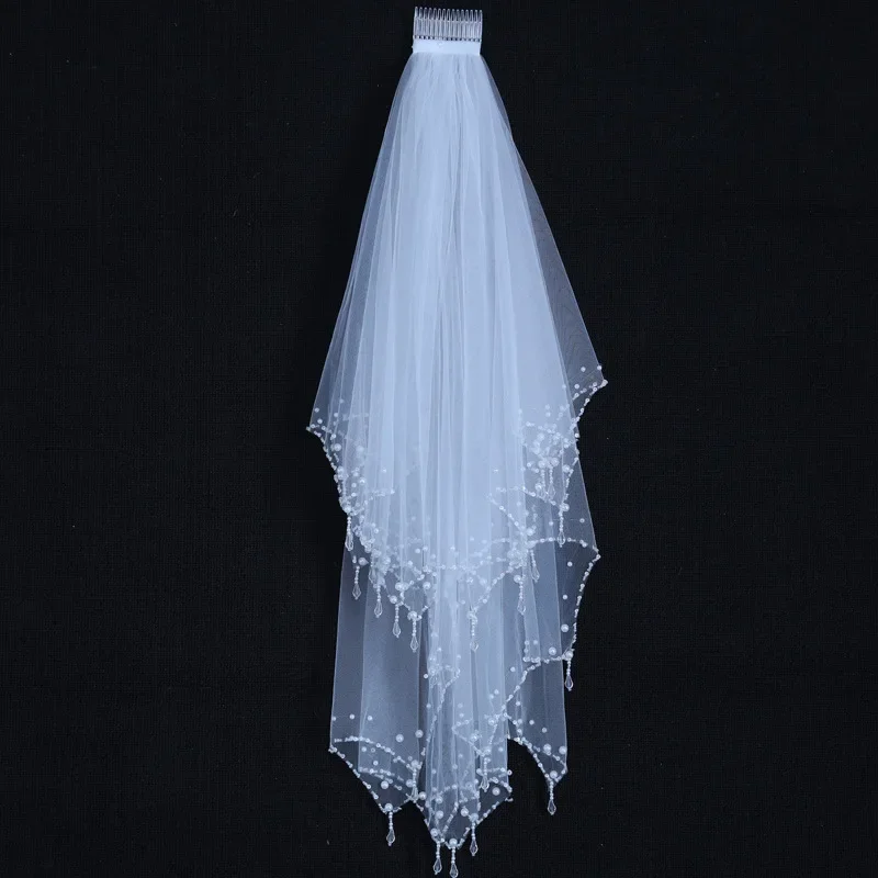 Bride Wedding Veil Double-Layer Pendant Sewing Beads Handmade Veil Pearl Rhinestone Veil Two-Layer Hair Comb Veil