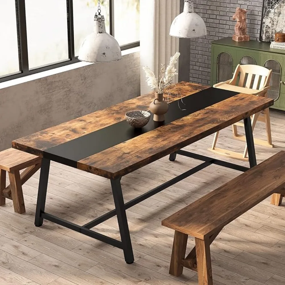 Table à manger pour 8 personnes, table de cuisine rectangulaire en bois de 70.87 pouces avec cadre métallique pour la baignade, grande salle à manger industrielle et longue