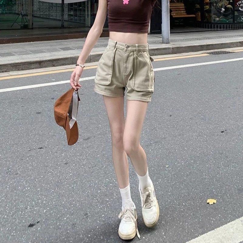 

Khaki Pocket Baggy Short Jean Pants Woman Summer Korean Style Clothing Harajuku Fashion High Waist Cargo Denim Shorts for Women