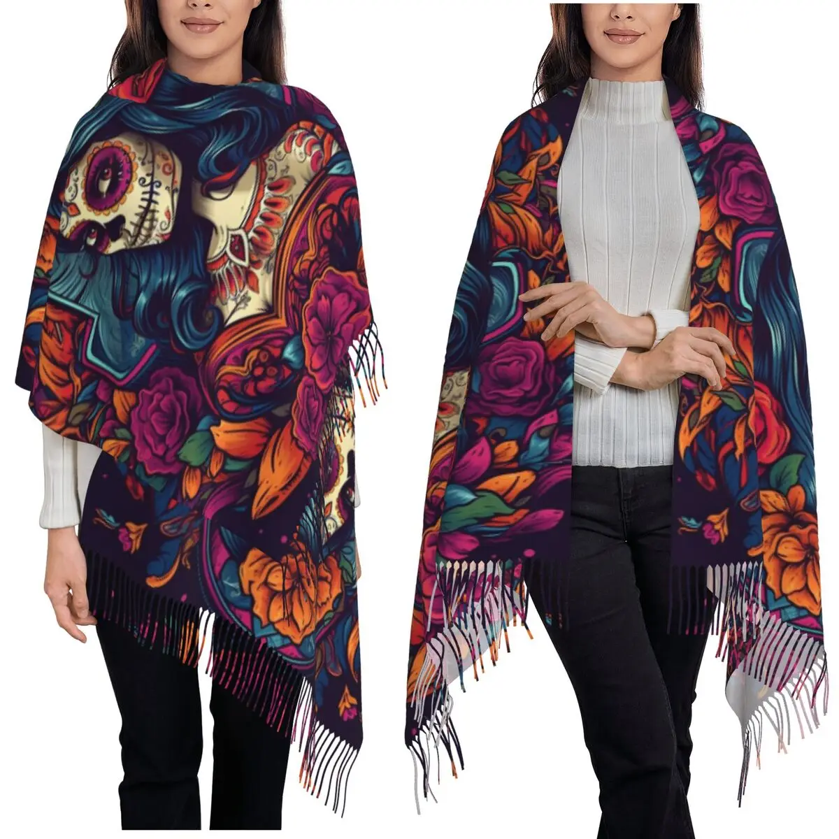 Mexican Catrina Girl Day Of The Dead Sugar Skull Scarf Tassel Scarves for Women Soft Warm Shawls and Wraps Large Shawl Wrap