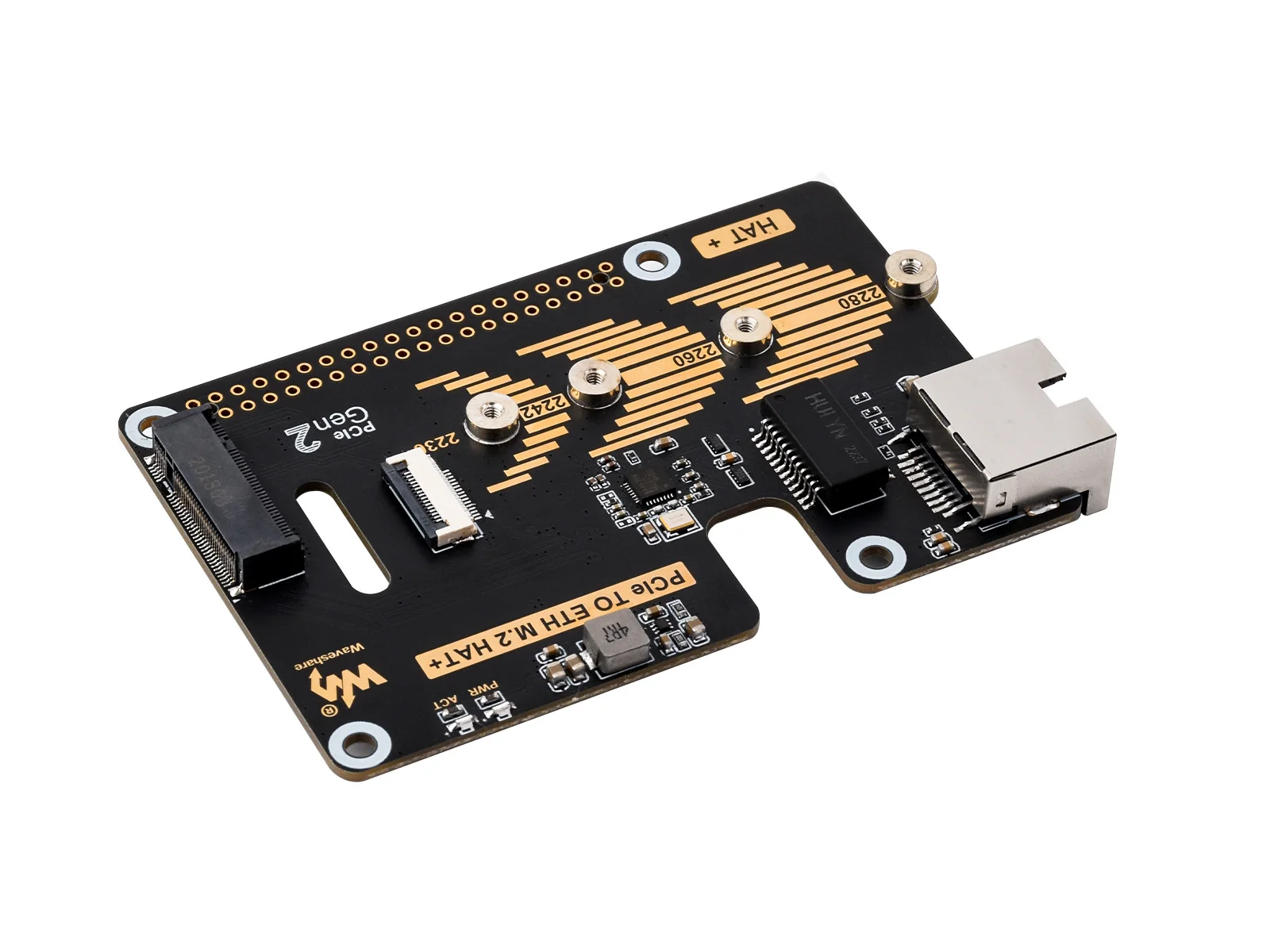 PCIe To ETH And M.2 Adapter for Raspberry Pi 5, Compatible with 2280 / 2260 / 2242 / 2230 size NVMe M.2 SSD, 5Gbps Data Rate, Hi