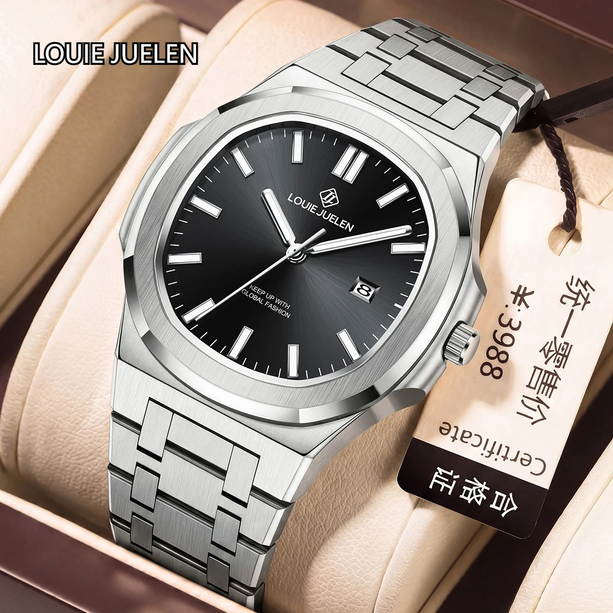 LOUIE JUELEN Stainless Steel Band Octagonal Case Sunburst Black Dial Date Luminous Waterproof Business Male Luxury Wristwatch