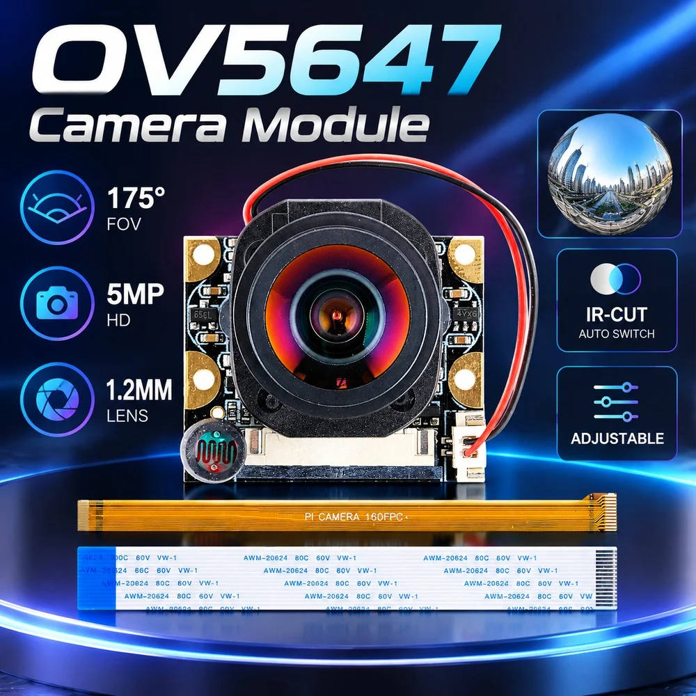 OV5647 Camera Module for Raspberry PI 5 ZERO 175 Degree FOV Wide Angle Fisheye 1.2MM 5MP HD Adjustable Automatic Switch IR-CUT