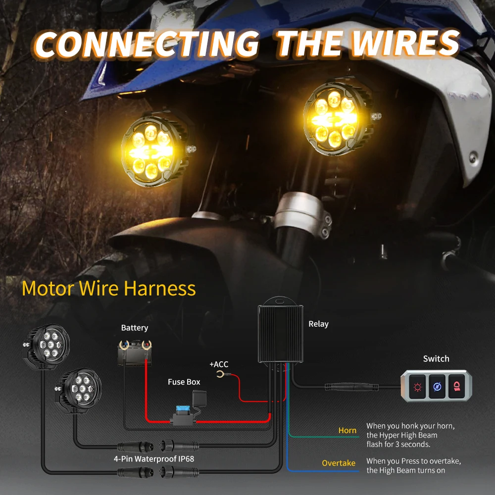 colight Neues Motorrad-LED-Spotlicht 3,5 Zoll X-förmig Bernsteinfarbenes DRL-Stroboskop für Offroad-Nutzung Fahrlicht IP68 mit Kabelbaum & Steuerschalter 24V