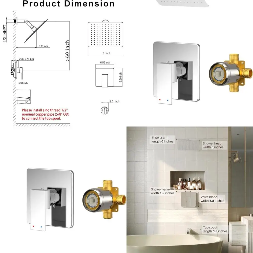 

8 Chrome Shower Set with Tub Spout, Showerhead, and Handle, Includes Valve Kit