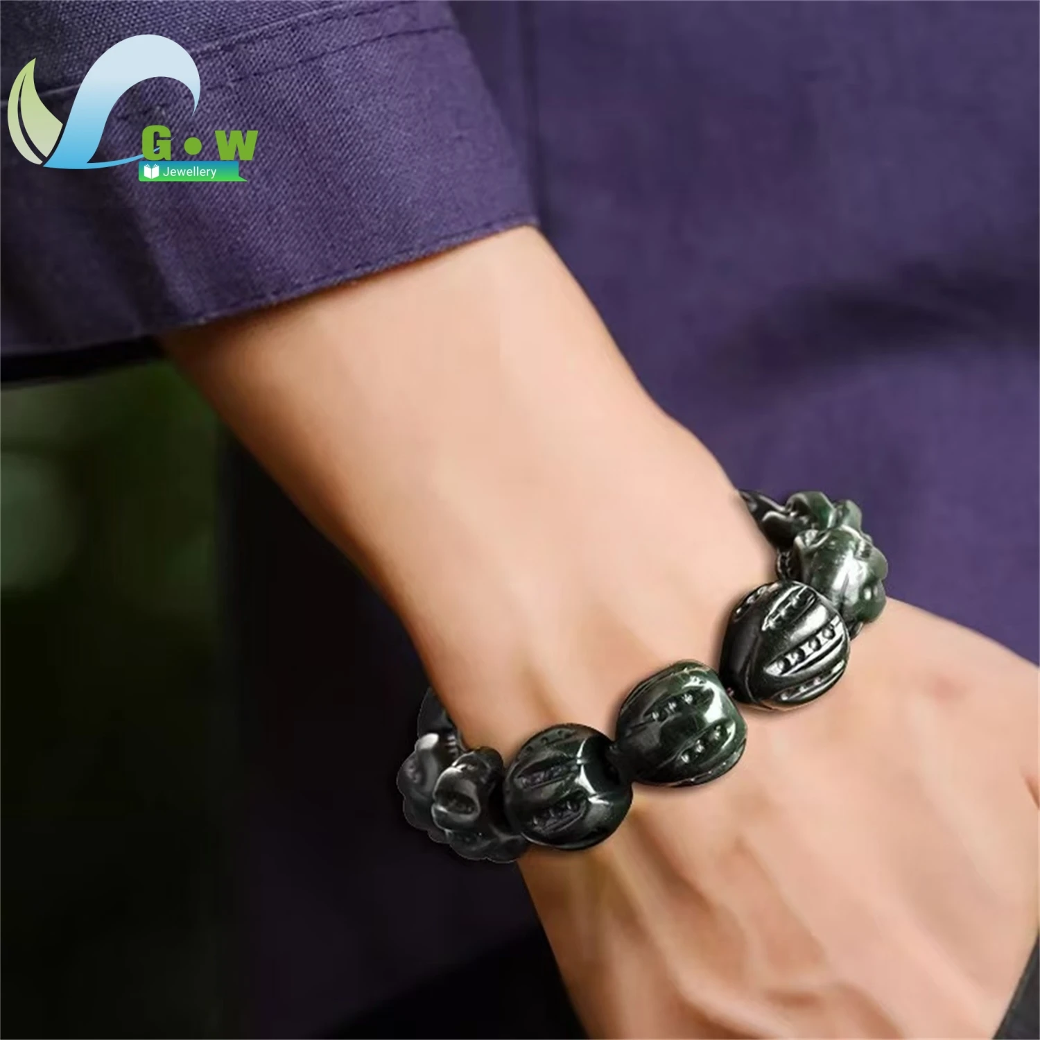 Natural Black Hetian Jade Walnut Bead Bracelet Handmade Men's Exquisite Retro Ethnic Style Daily Classic Style Jewelry Gift