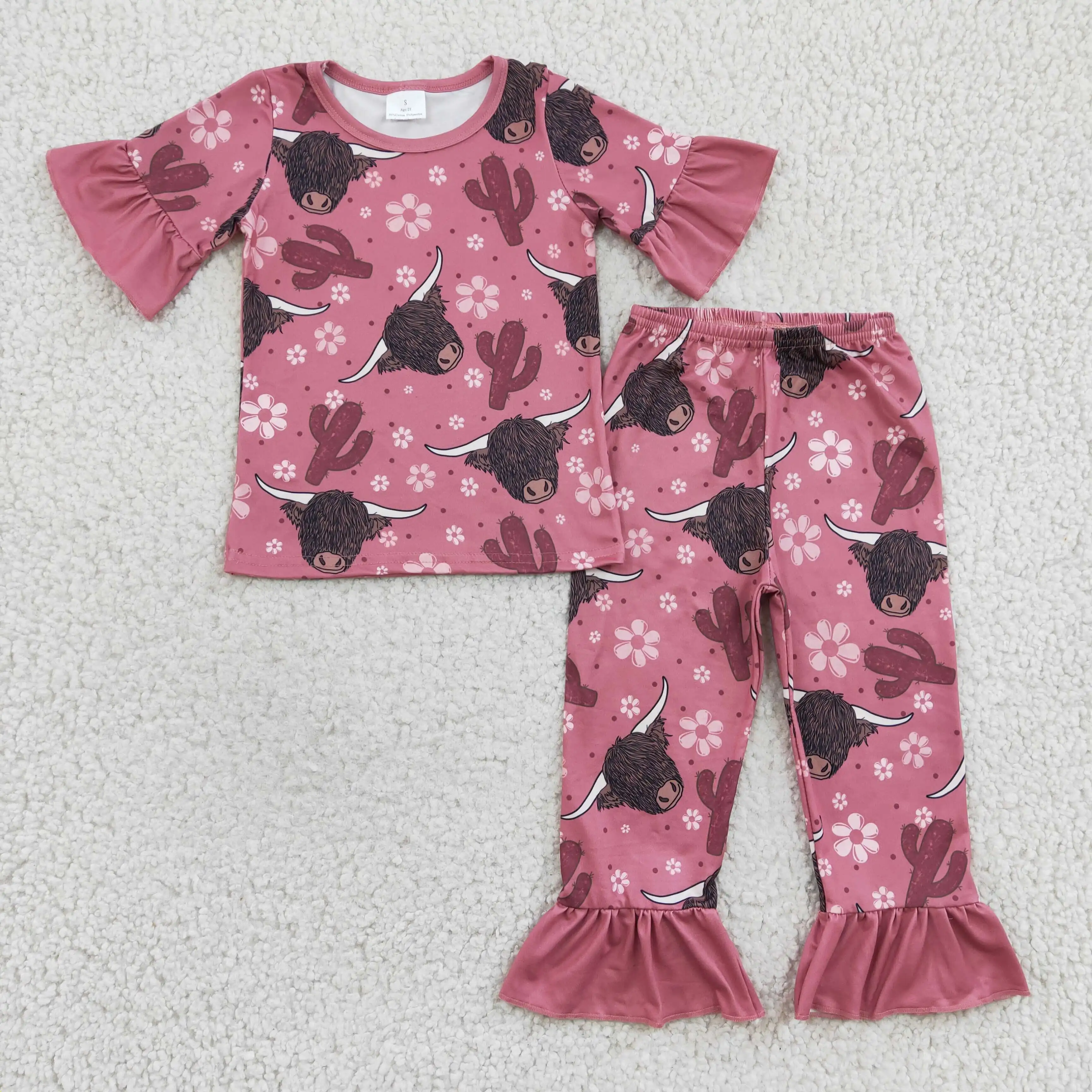 

Z801-1 GSPO0326 girl short sleeve cactus and highland cow print pajamas set for summer