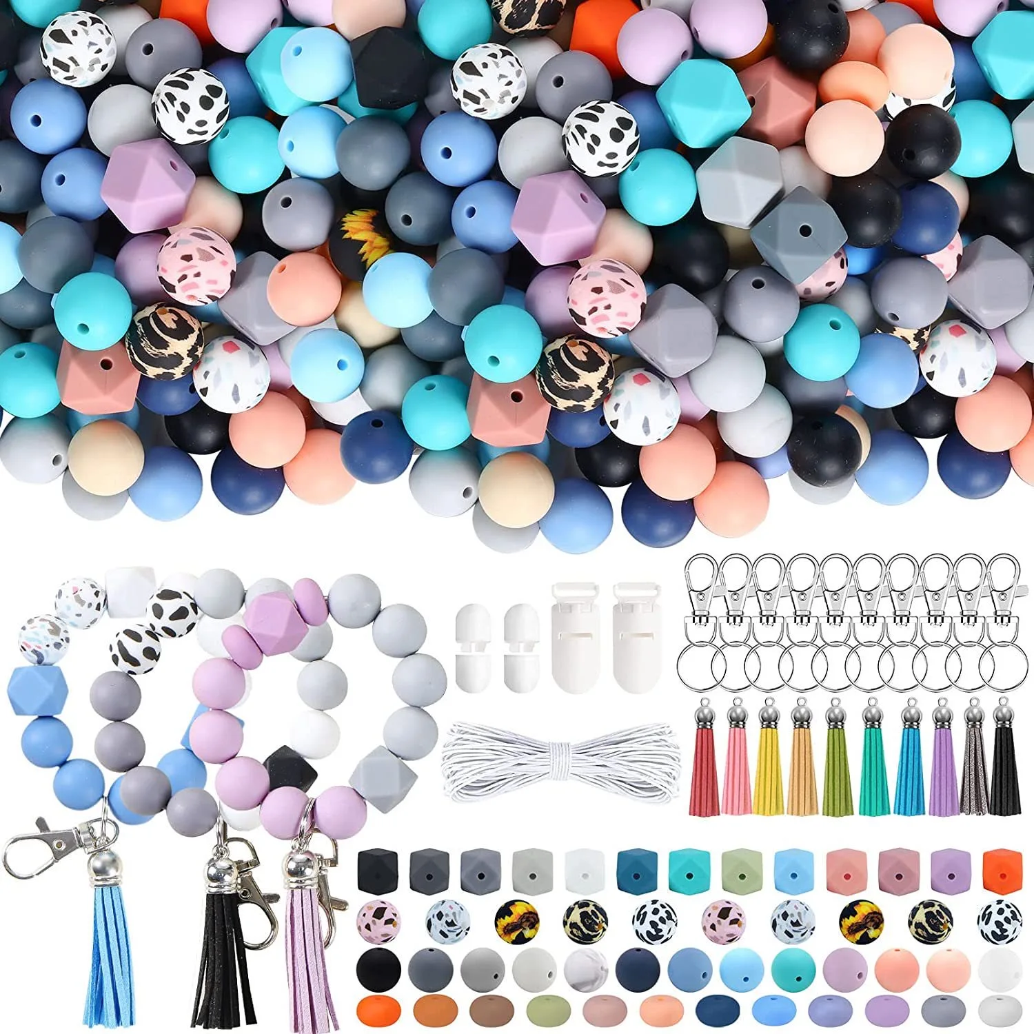 225Pcs Rubber Beads with keyring DIY Set Elastic Silicone Beads