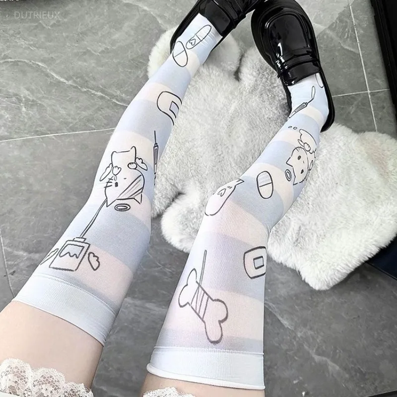 Subcultural Japanese Sweet Cute Print Long Leg Stocking Y2k Aesthetic Summer All Match Harajuku Girl Socks Constrast Color Sock