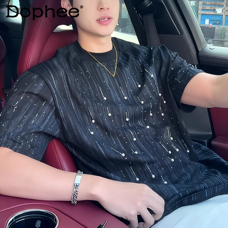 

2025 Men's Summer New American Style Retro Tees Male Chic Hot Diamond Short-sleeve T-shirts Trendy Fashion Loose Starry Sky Tops