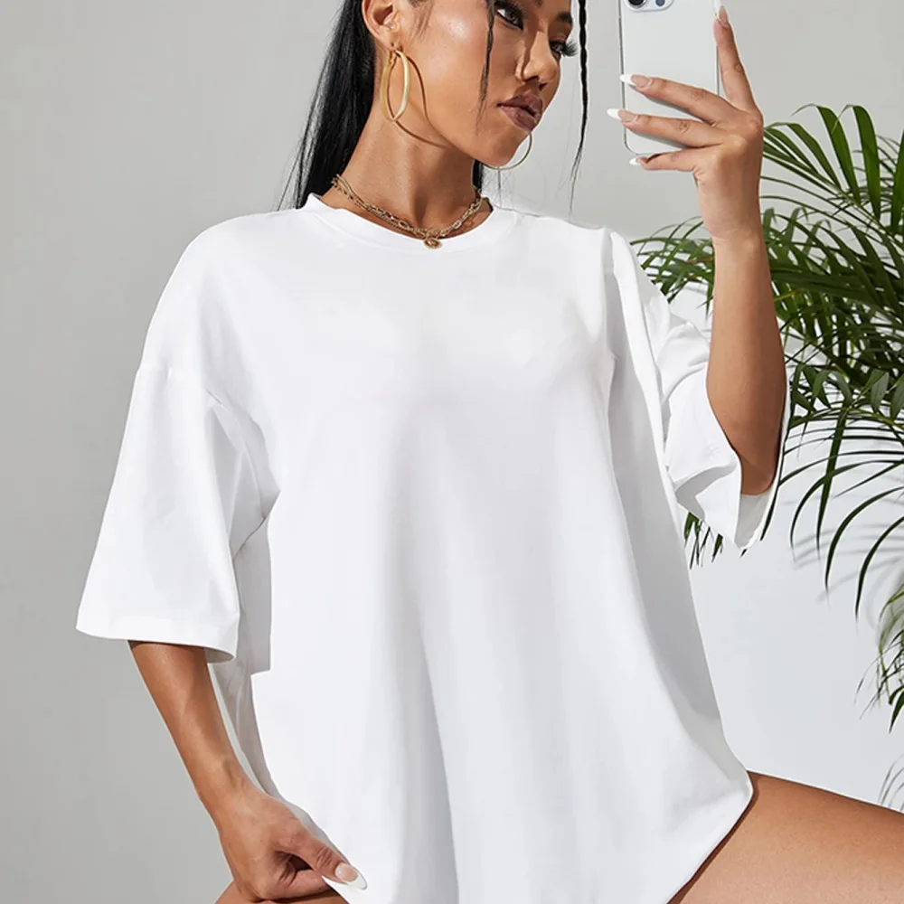 Womens Casual Tee Shirt Round Neck Short Sleeve Loose Fit Solid Color Street Style Fashion Soft Comfortable Tops
