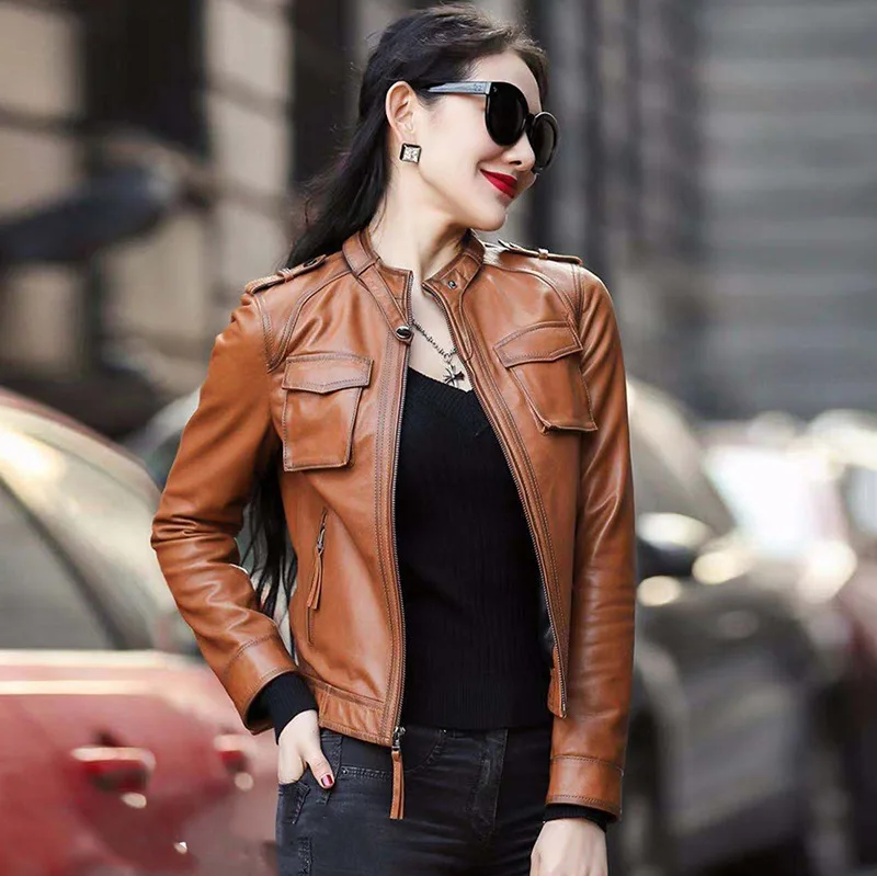 2023 Promotion slim Sheepskin genuine leather small leather jacket for women's short motorcycle autumn standing collar leather j