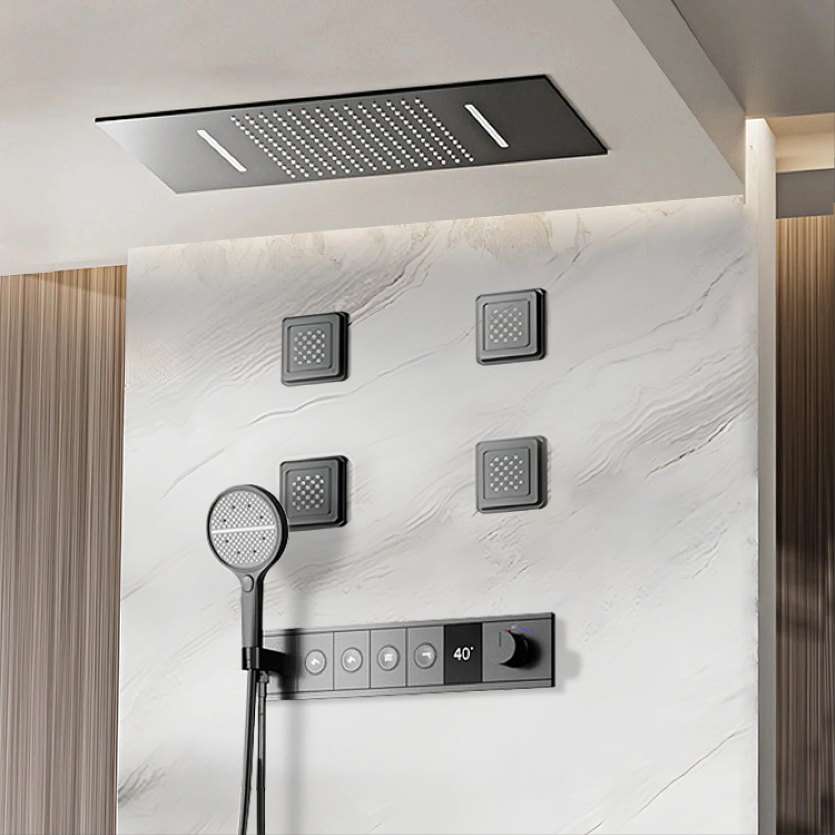 Ceiling Mounted LED Digital Display Thermostatic Shower System.Embedded waterfall style brass bathroom mixer for hot&cold water