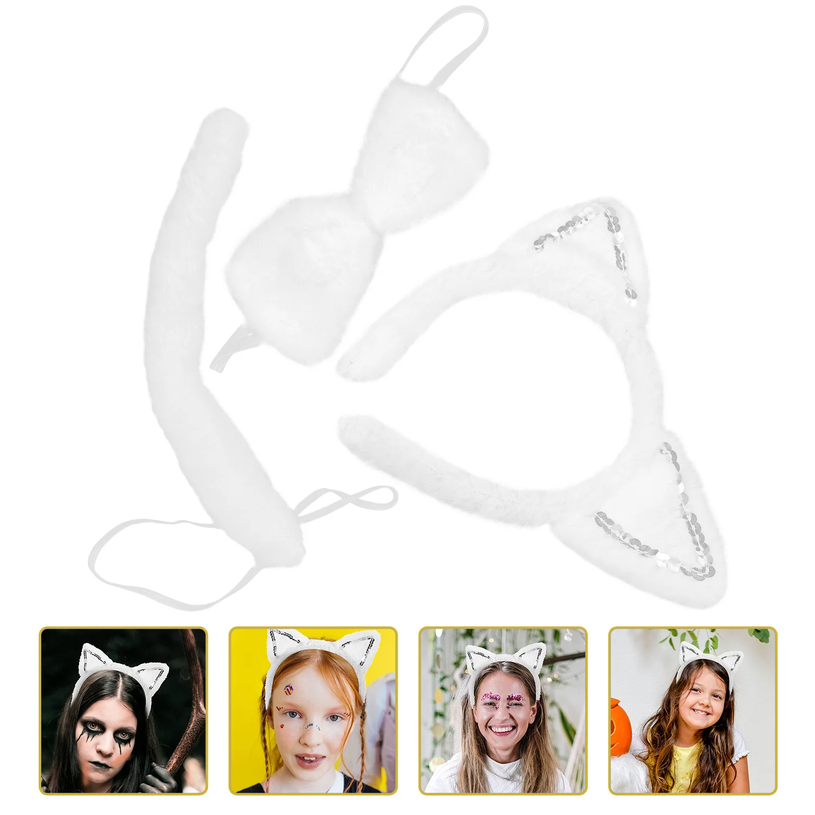 Cat Ears Headband Headdress Cosplay Accessories Tail Costume for Girls Sequins Child