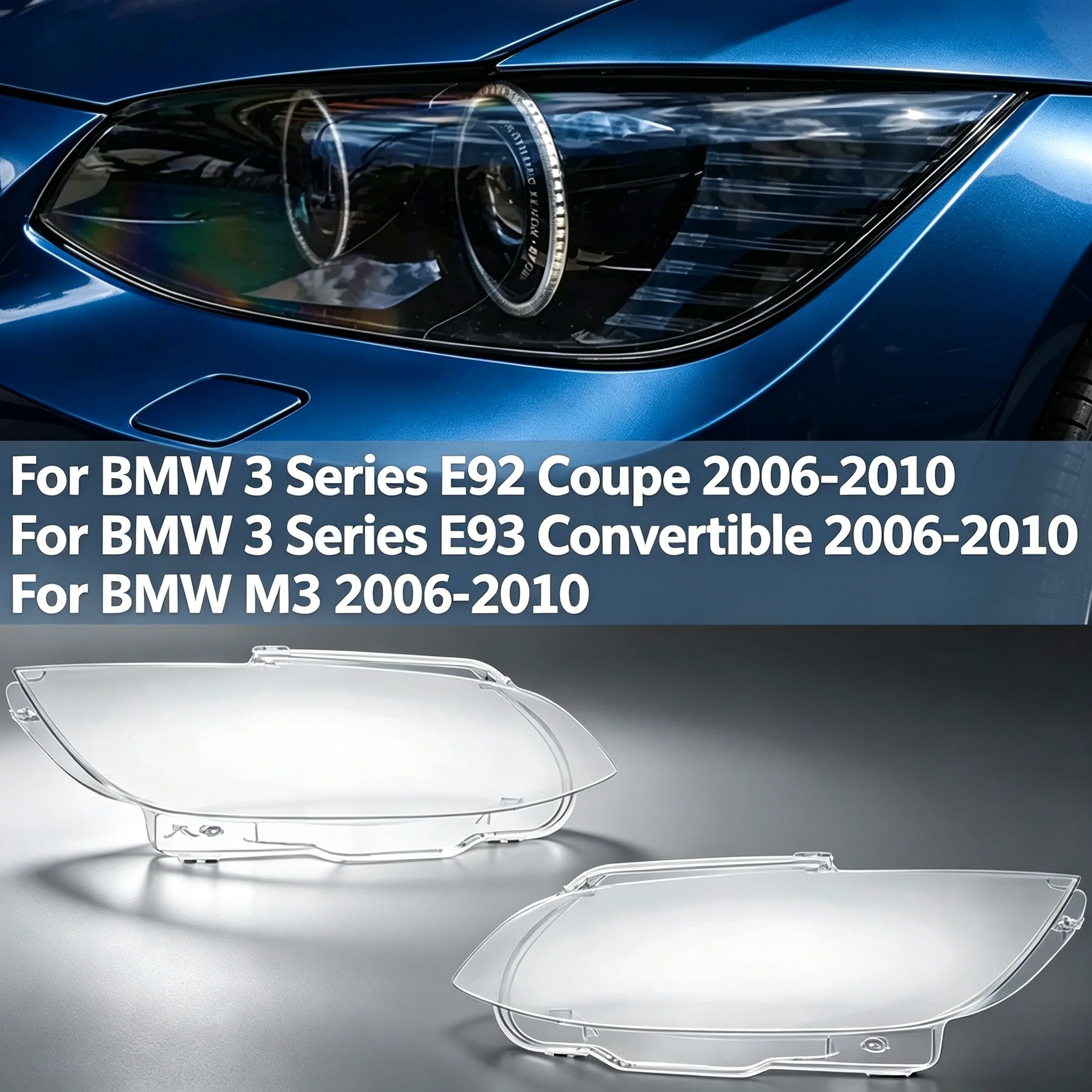 Paar transparente, wetterfeste Scheinwerfer-Außenhüllen für BMW E92 E93 2-Türer M3 2006–2010. Erneuern Sie verblasste Scheinwerfer