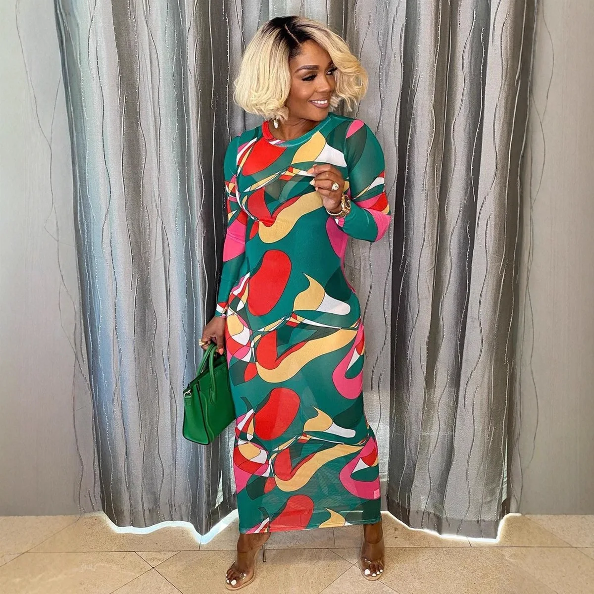 Long And Ankle Mesh See-through Printing Dress 2026 Spring And Summer New Temperament Women's High Street