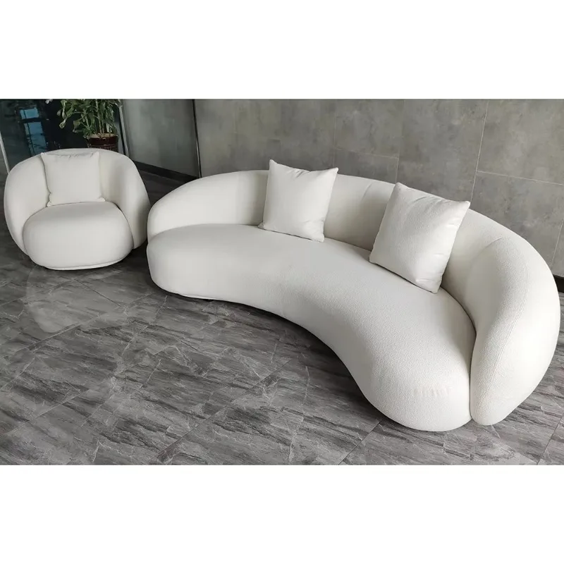 Nordic Modern Stylish White Boucle Fabric Semi Circle Curved Luxury Home Furniture Moon Shape Couch Living Room Sofa Set