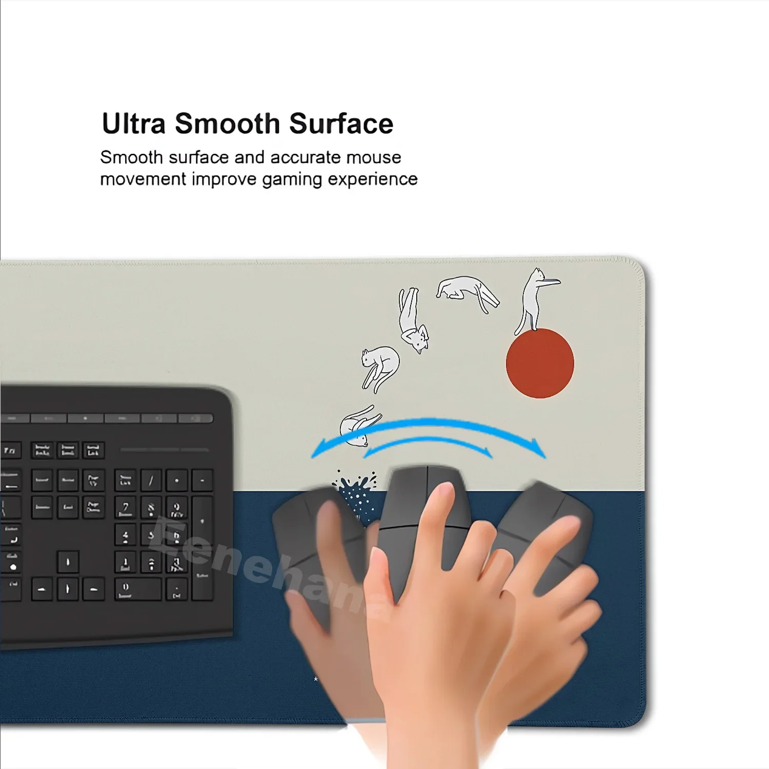 日本波紋マウスパッド PCゲーマー向け ホーム カワイイ猫柄 コンピューターHDマウスパッド XXL メカニカルキーボード アートカーペット 滑り止め オフィス マウスマット