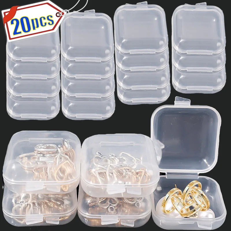 

1-20 шт., маленькая пластиковая коробка для хранения, квадратный прозрачный органайзер для ожерелья, колец, упаковочных коробок для ювелирных изделий, контейнер для хранения