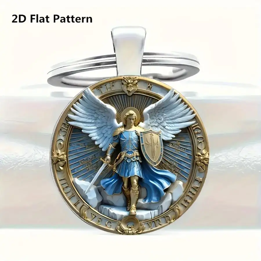 1/5/10/20/50/100pcs 2D Round Guardian Angel Michael Keychain - White Wings and Sword, Sturdy Circular Ring, Elegant Accessory fo