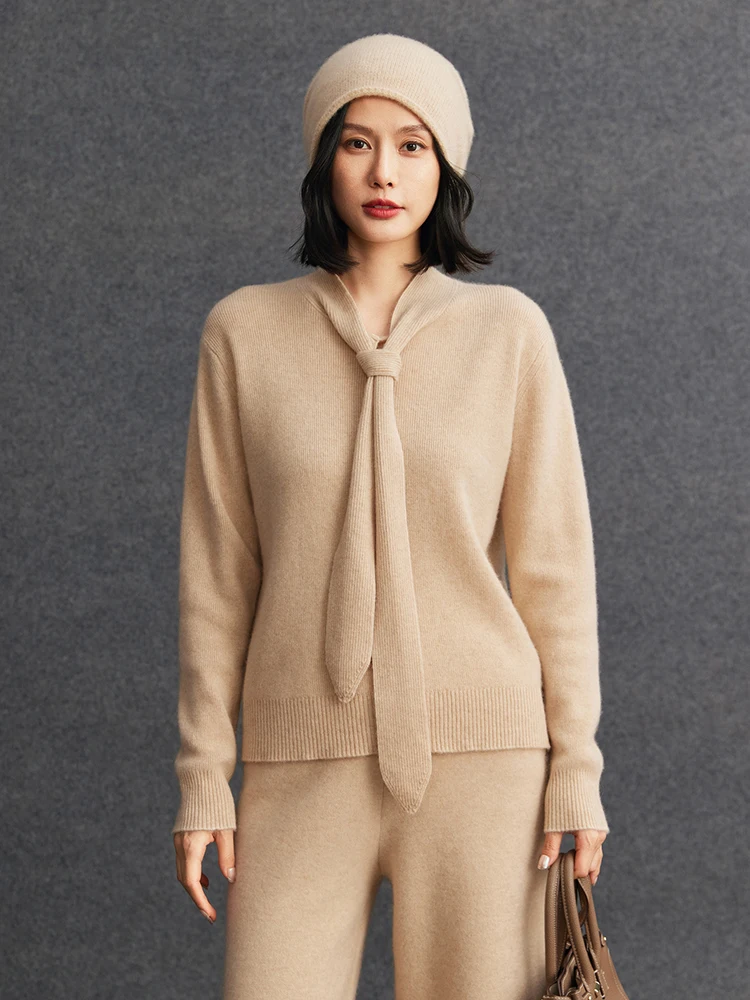 TLOML Women's Lace Up Collar Pullover sweater 100% Cashmere Knit Office Lady Basic Cashmere Knitwear Autumn Winter Soft Warm Top