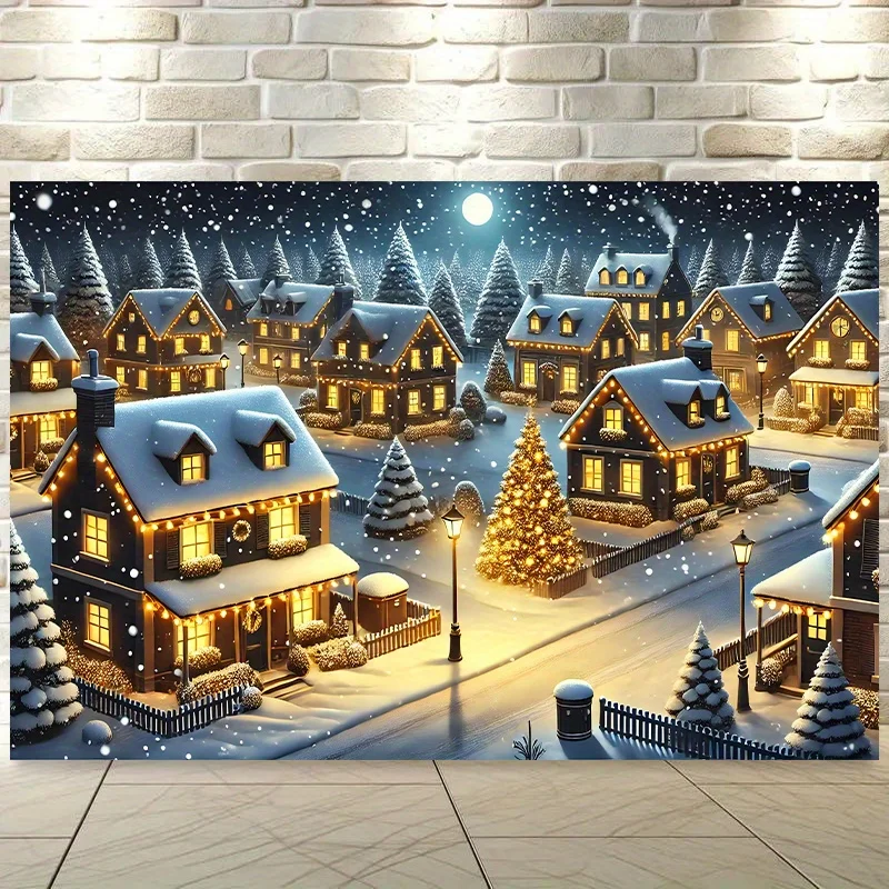 Cozy Winter Night Snowy Village Lighted House Backdrop Banner - Glowing Christmas & Snowy Landscape Fabric Wall Hanging for /Out