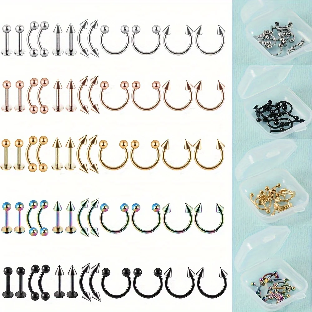 1 Box Of 12 Pcs Cone Ball Horseshoe Nose Rings Stainless Steel Cone Eyebrow Nails And Nose Nails Multi-Color Lip Ring Earrings