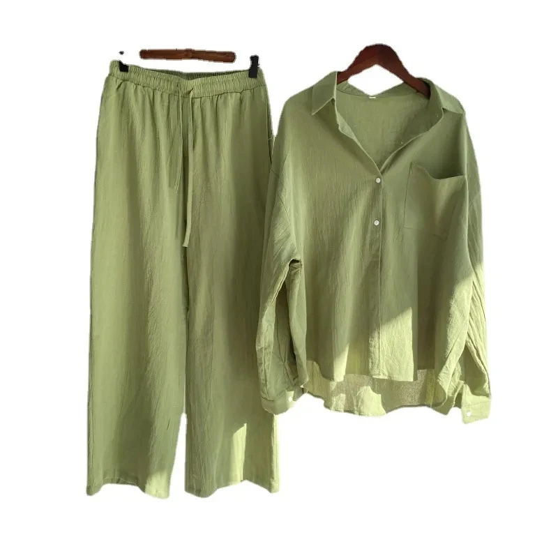 Women\'s 2-piece set 2026 Spring Autumn New Long sleeved Cotton linen Shirt top+High waisted loose Pants Comfortable Casual Sets