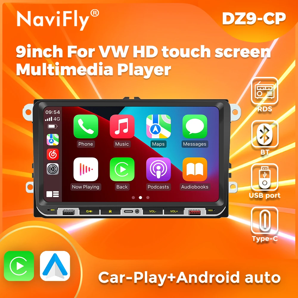 

Navifly 9inch multimedia player carplay+auto Mirror Link car radio for Volkswagen VW support SWC camera BT5.1 USB FM Type-C RDS