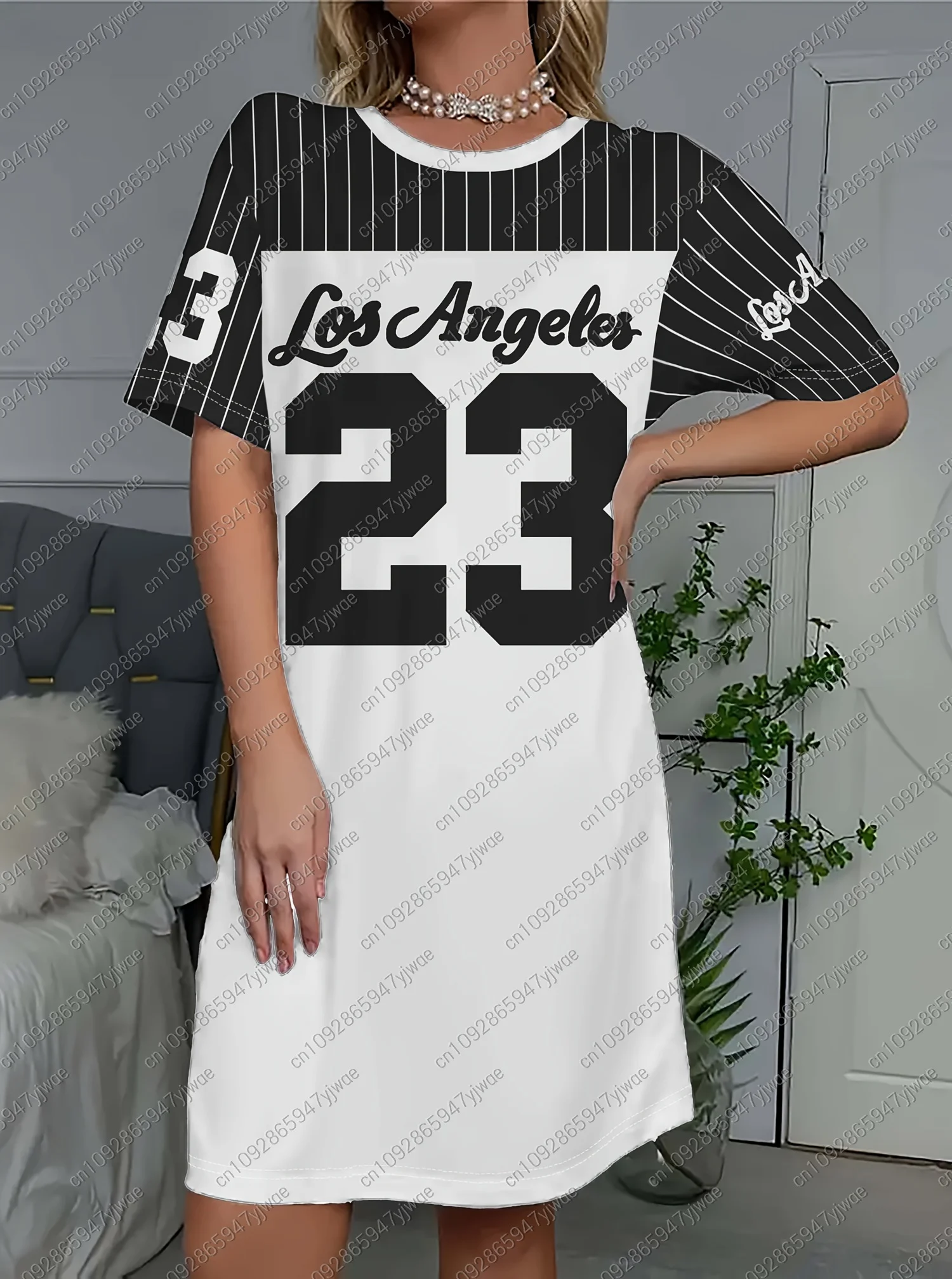 2026 الصيف المرأة تي شيرت فستان فضفاض عادية رقم 23 لوس أنجلوس مطبوعة س الرقبة سيدة قصيرة الأكمام البلوز فساتين النساء الملابس