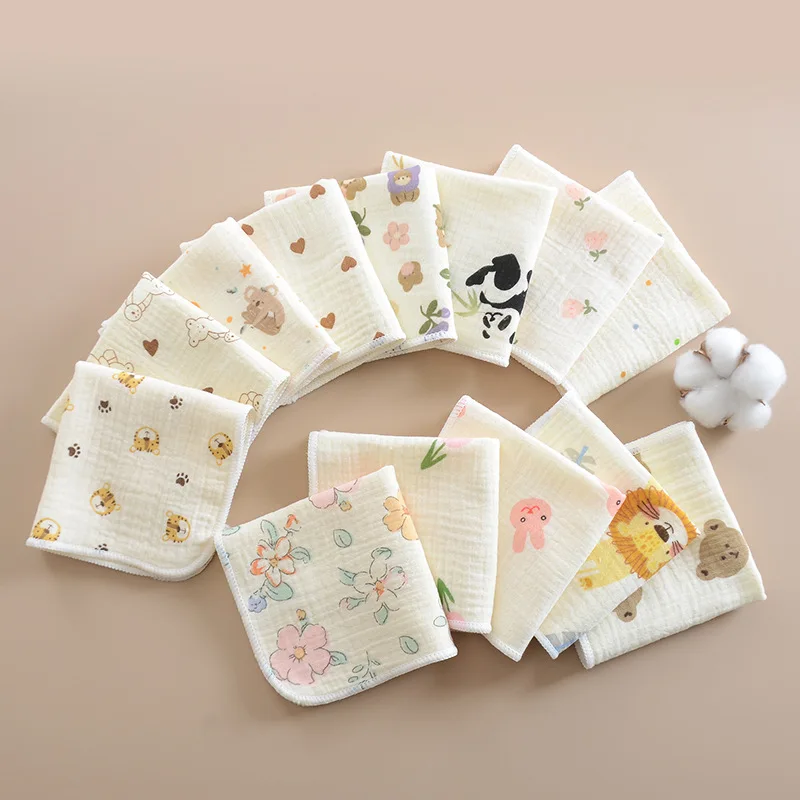 منشفة شاش للأطفال حديثي الولادة - مربعة صغيرة من القطن الخالص، حافة مغلقة مكونة من 4 طبقات، استخدام للوجه/اللعاب، نمط لطيف، ناعم ماص، لطيف