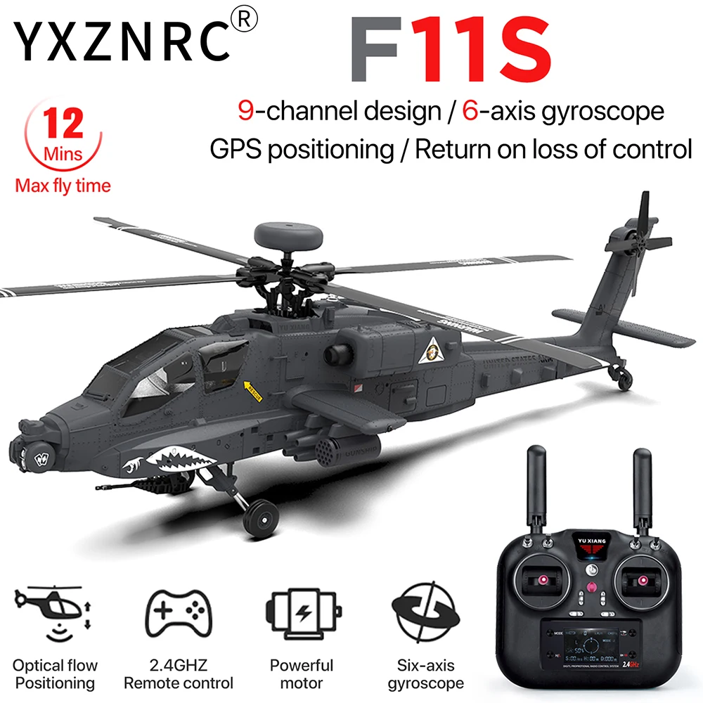 ​YXZNRC F11S RC Helicopter 1:32 AH-64D Apache 2.4G 6-Axis Gyro 9CH GPS Optical Flow Positioning 5.8G FPV Camera Flybarless RTF