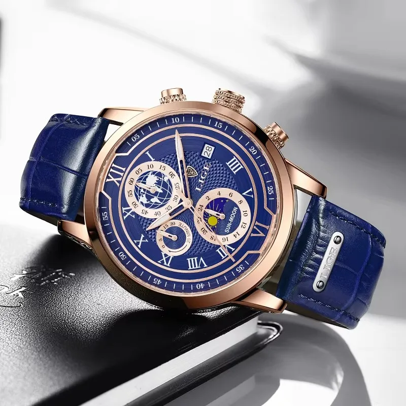 LIGE Orologi da uomo Orologio da uomo in pelle blu di lusso delle migliori marche per uomo Cronografo militare al quarzo impermeabile Montre Homme + scatola