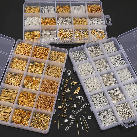 DIY Handmade Jewelry Metal Material Kit - 15 Grid Organizer Box with 1260pcs Accessories (Bracelet, Earrings, Necklace Making)