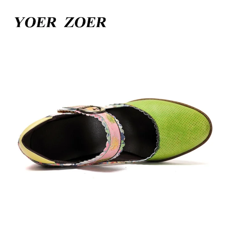 Ethnic style genuine leather women's shoes Plus size women High Heels Comfortable durable green floral design 2025 New