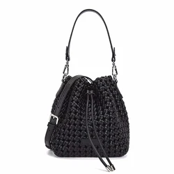 Annmouler Hand-woven Handbag for Women Mini Knot Shoulder Bag Designer Woven Black  Bucket Bag with 2 Shoulder Straps