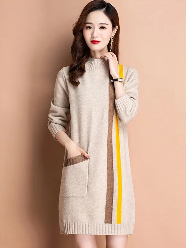Women's Mid-Length Fleece-Lined Thick Warm Knitted Sweater Half High Collar Base Shirt Top Trendy Commute Style Long Sleeve