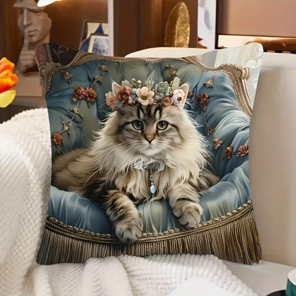 2D flat- Vintage Royal Floral Cat Throw Pillow Cover Luxury Tufted Blue Sofa Cat Cushion Case for Home Decor