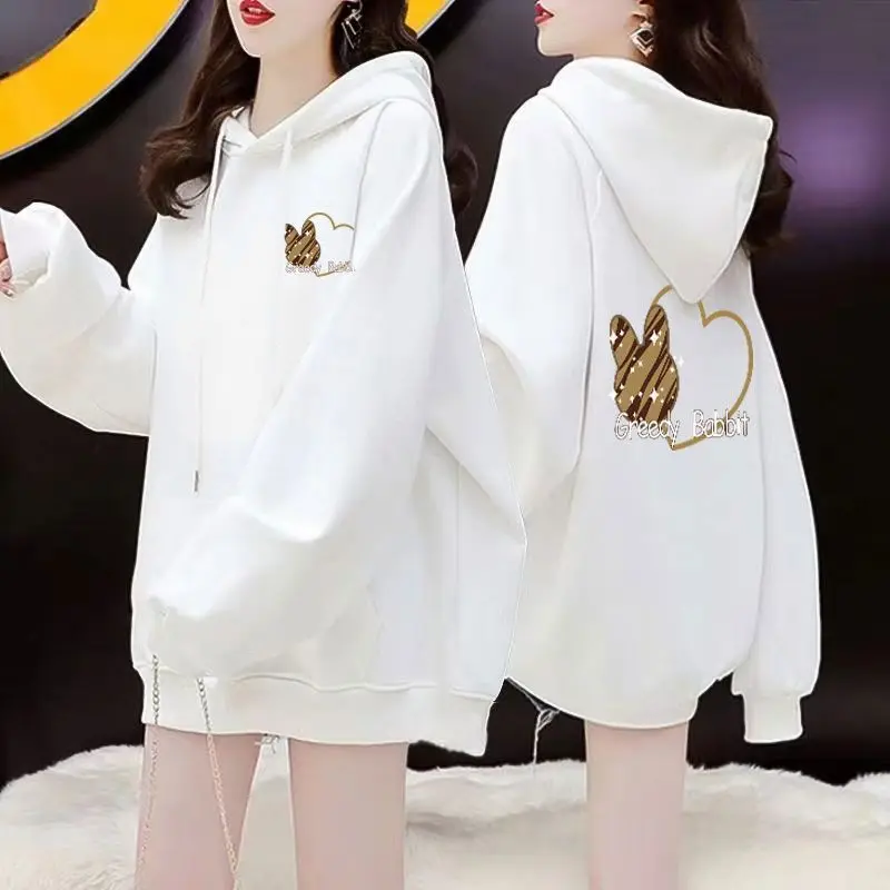 Trendy Cute Cartoon Graphic Hooded Sweatshirt Women Fall Winter Loose Fit Slim All-Match Thickened Warm Pullover Tops