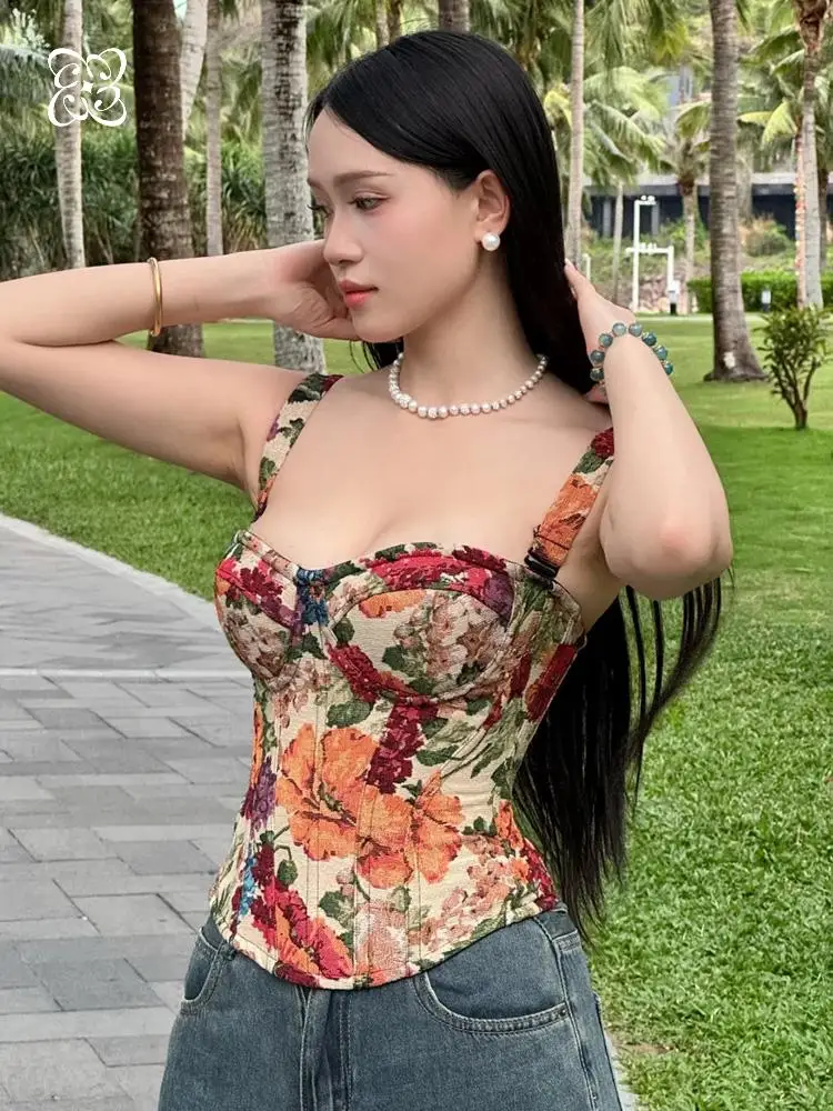 Vintage Floral Tapestry Spaghetti Strap Corset Bustier Top Sweetheart Structured Crop Corset for Date Elegant Party Clubwear