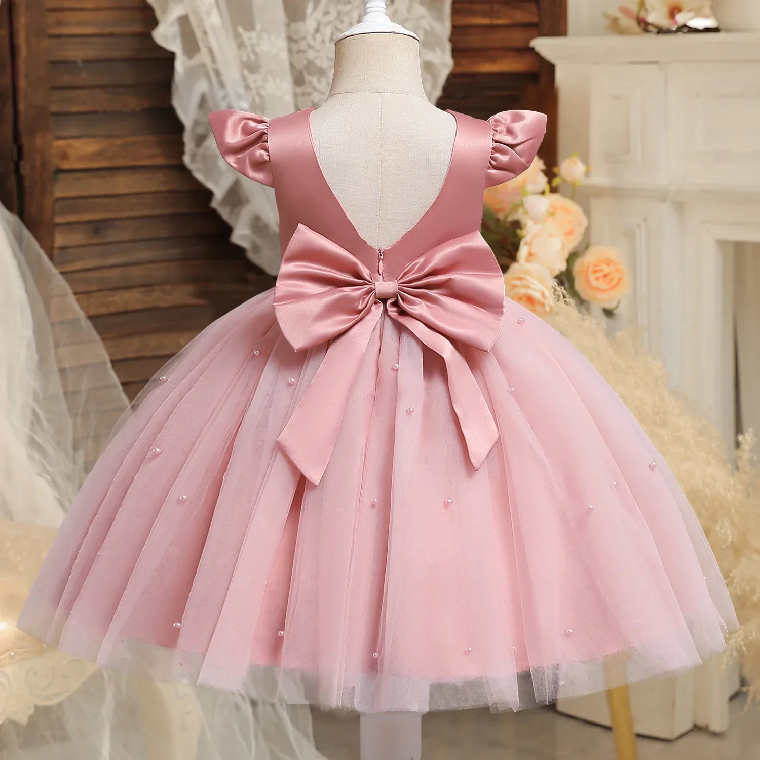 Toddler Girl Flower Birthday Tulle Dress Backless Bow Dressing Gown Kid Party Wear Princess Pink Dress Baby Girl Bowknot Dresses