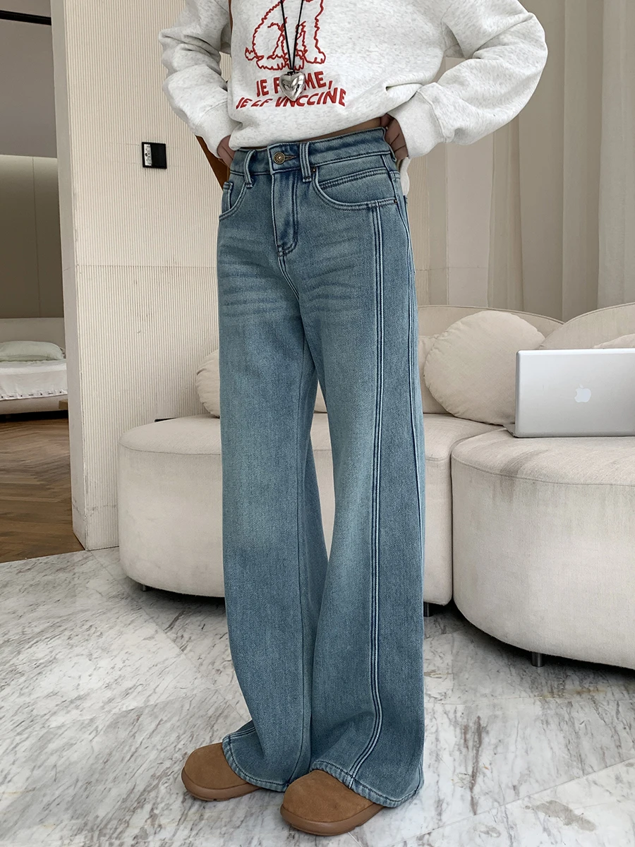 

Женские широкие джинсы на подкладке с высокой талией, свободный крой длиной до пола, осень-зима, новые повседневные удобные хлопковые джинсы
