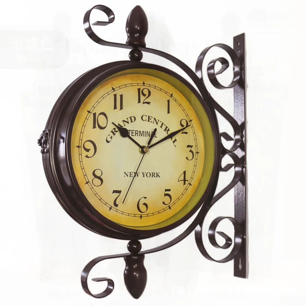 

Double-Sided Wall Clock European Style Creative Fashion Quartz Movement Battery Powered round Shape Decorative Wrought Iron Art