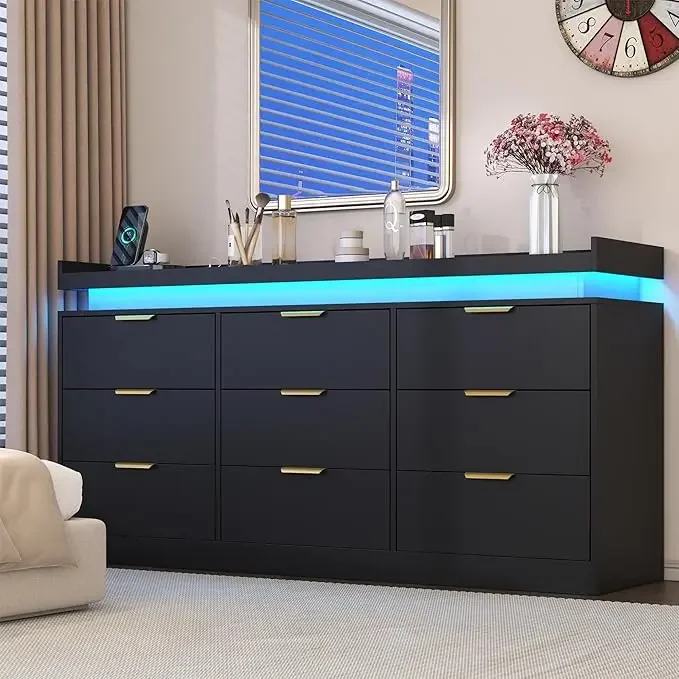 

9 Drawer Dresser with Charging Station and LED Lights, Modern Chest of Drawers with Power Outlet, Organizer Cabinet for Bedroom,