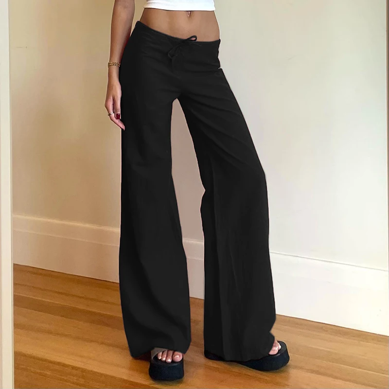 CIBBAR y2k Streetwear Solid Straight Pants Vintage 2000s Loose Bandage Low Rise Women Pants Casual Korean Fashion Trousers Basic