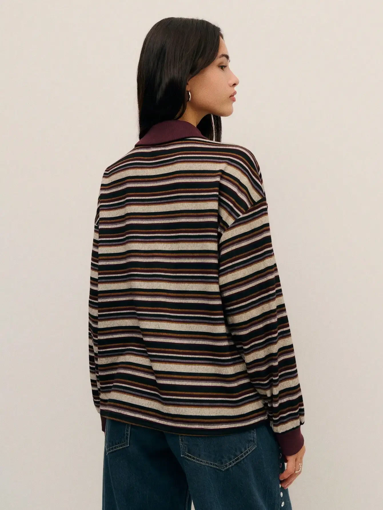 Womens Oversized Knit Polo Sweater 90s Retro Rugby Blokecore Aesthetic Long Sleeve Pullover Jumper Top Burgundy Sky Blue Horizontal Striped Contrast White Lapel Collar Drop Shoulder Slouchy Loose Fit For Fall Winter Campus Daily Outfits Christmas Gift