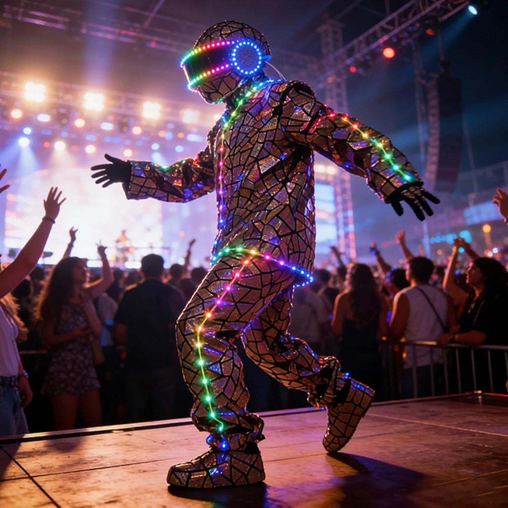 

Full Color LED Shiny Sequined Cracked LED Robot Costume Men's Light Up Dance Suit for Rave Festival Performance