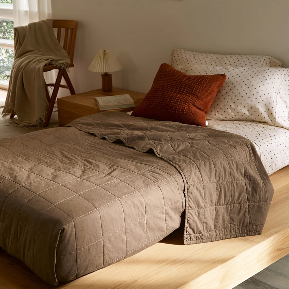 

Soft Brown Bedspread Washed Cotton Quilted Coverlet Classic Comfortable Bed Protector Bed Cover Home Decor All Season 220x240cm